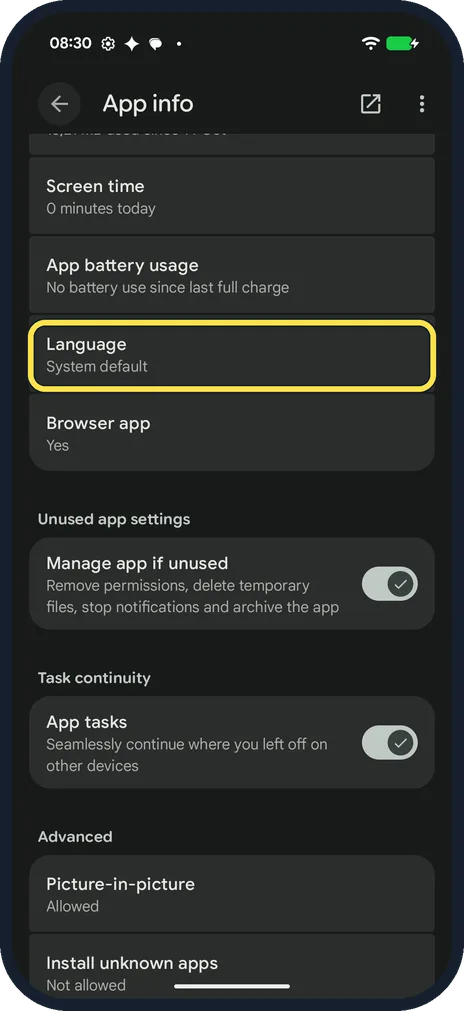 Android screenshot: Or start from App info