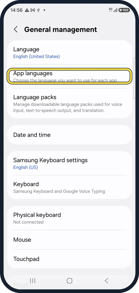 Android screenshot: Open App languages