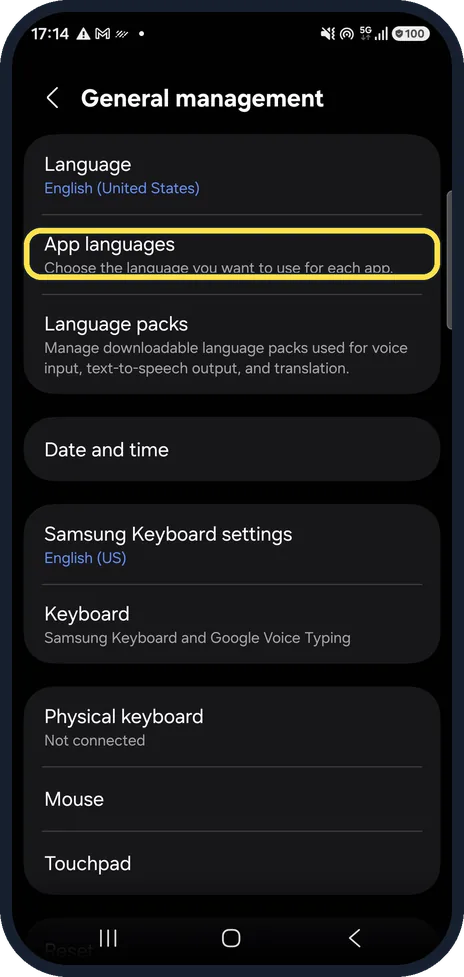 Android screenshot: Open App languages