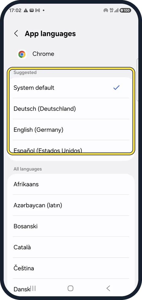 Android screenshot: Pick a language