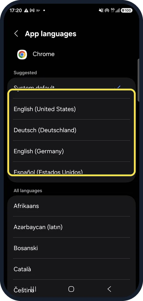 Android screenshot: Pick a language