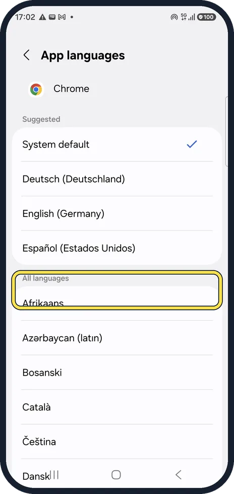 Android screenshot: Or search all languages