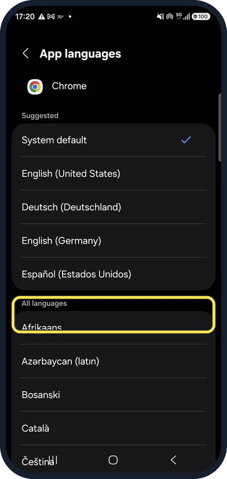 Android screenshot: Or search all languages