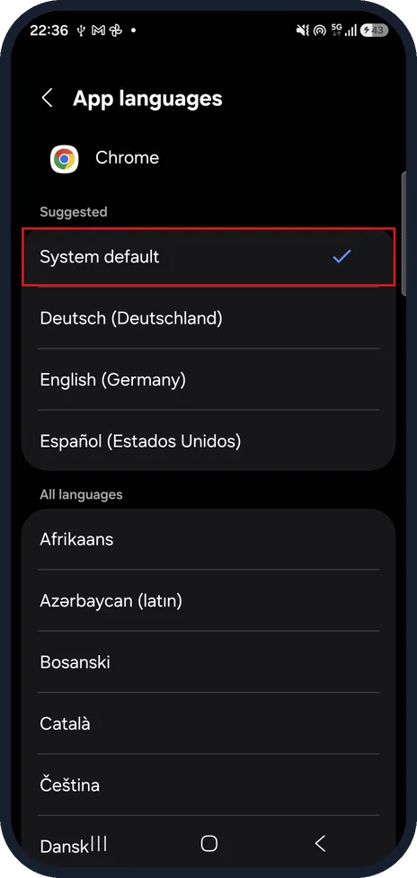 Android screenshot: Samsung Galaxy: choose the language