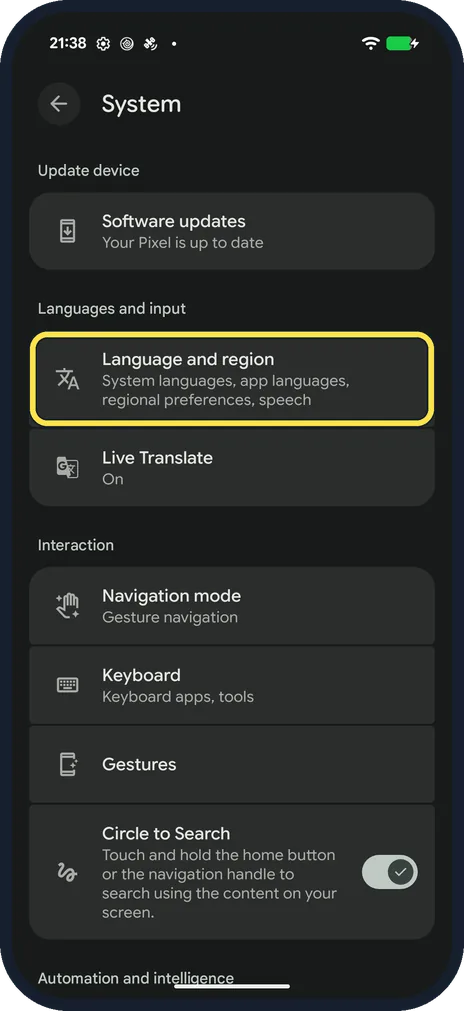 Android screenshot: Tap Language and region