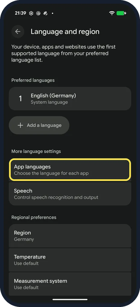 Android screenshot: Tap App languages