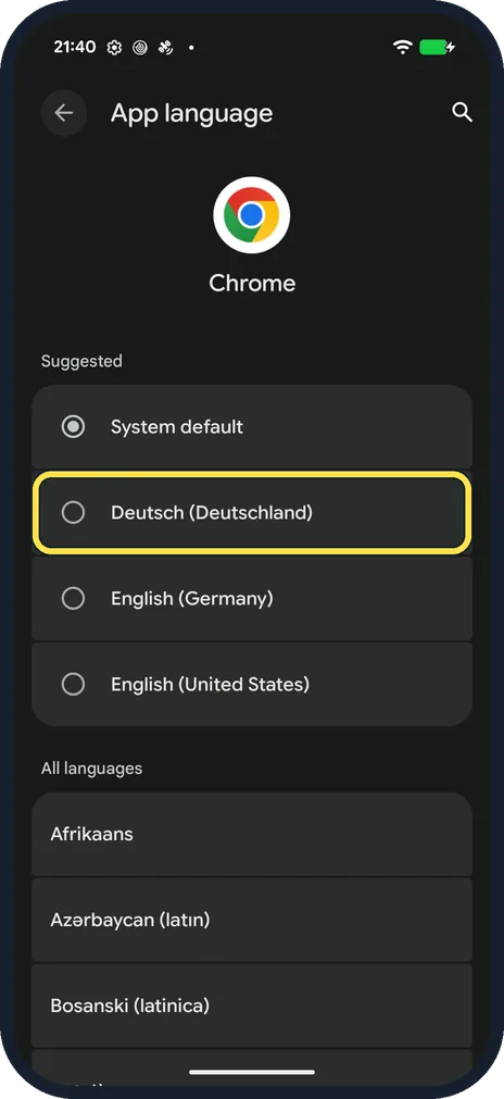 Android screenshot: Choose the language