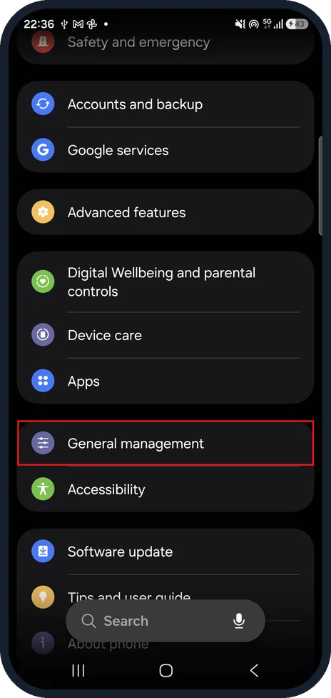 Android screenshot: Samsung Galaxy: open General management