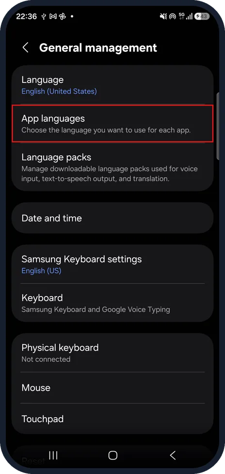 Android screenshot: Samsung Galaxy: tap App languages