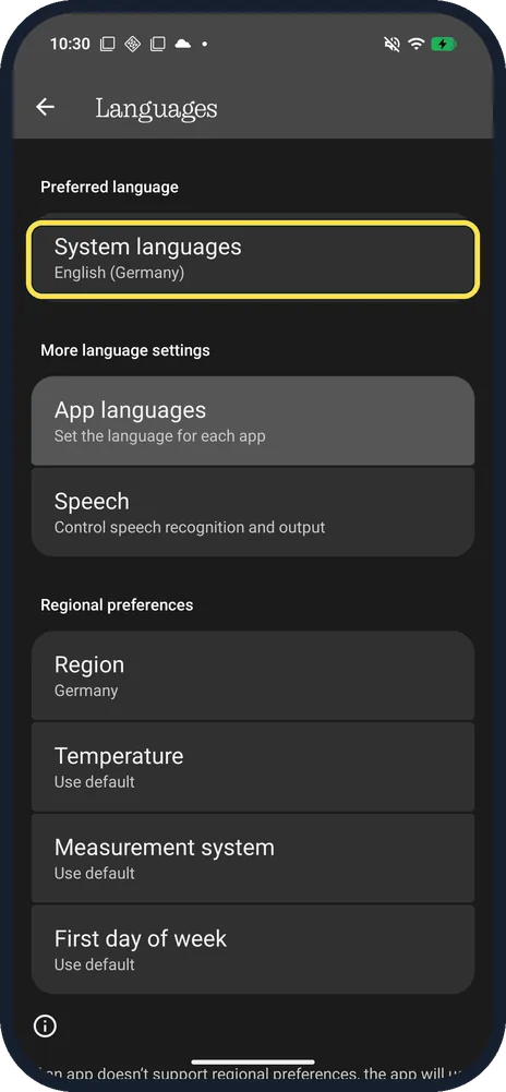Android screenshot: Tap System languages