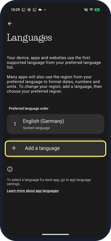 Android screenshot: Tap Add a language