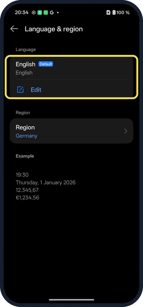 Android screenshot: Open Language & region