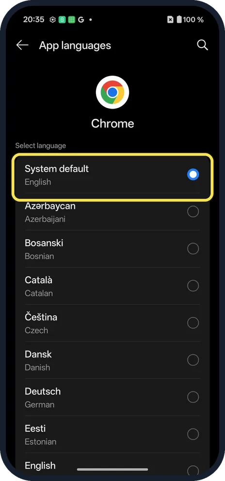 Android screenshot: Pick the app's language