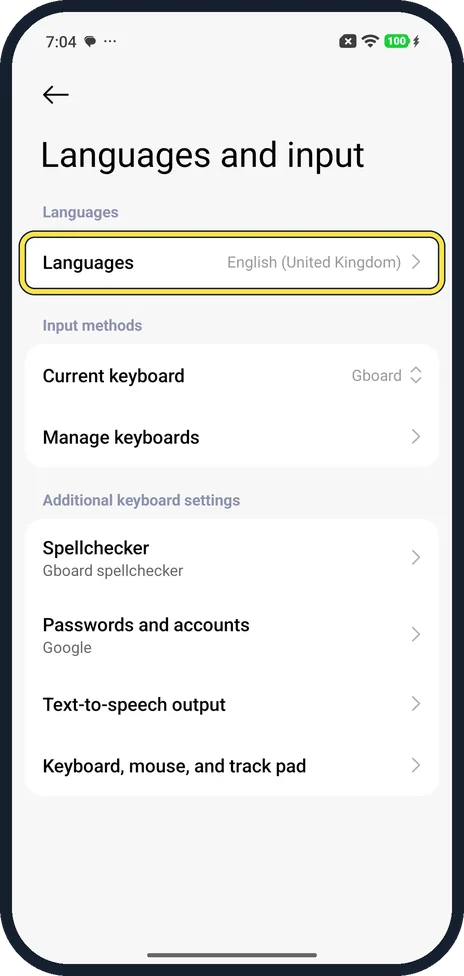 Android screenshot: Tap Languages