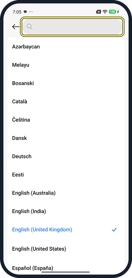 Android screenshot: Search the list
