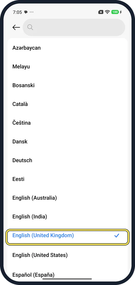 Android screenshot: Tap your language