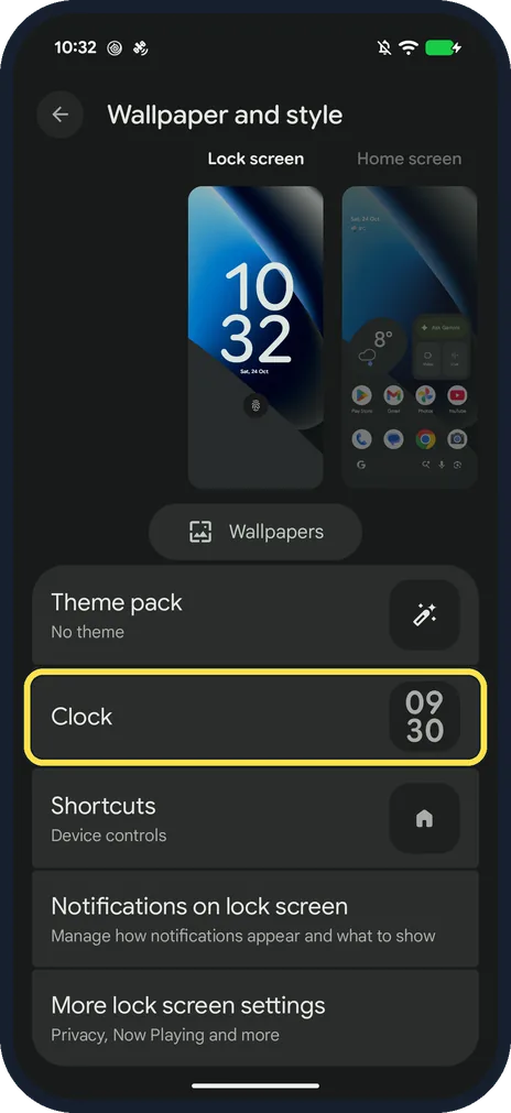Android screenshot: Tap Clock