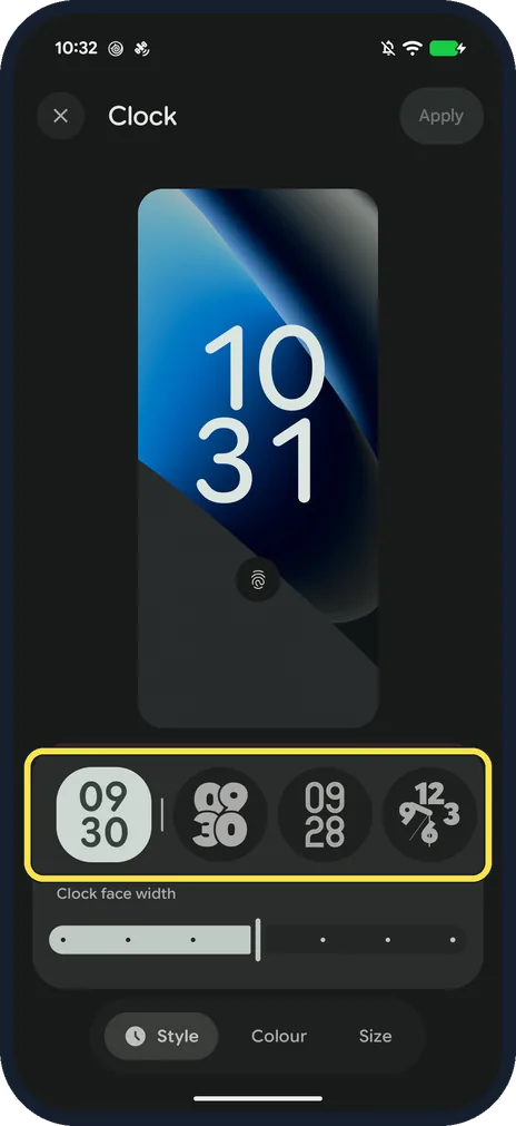 Android screenshot: Pick a clock face