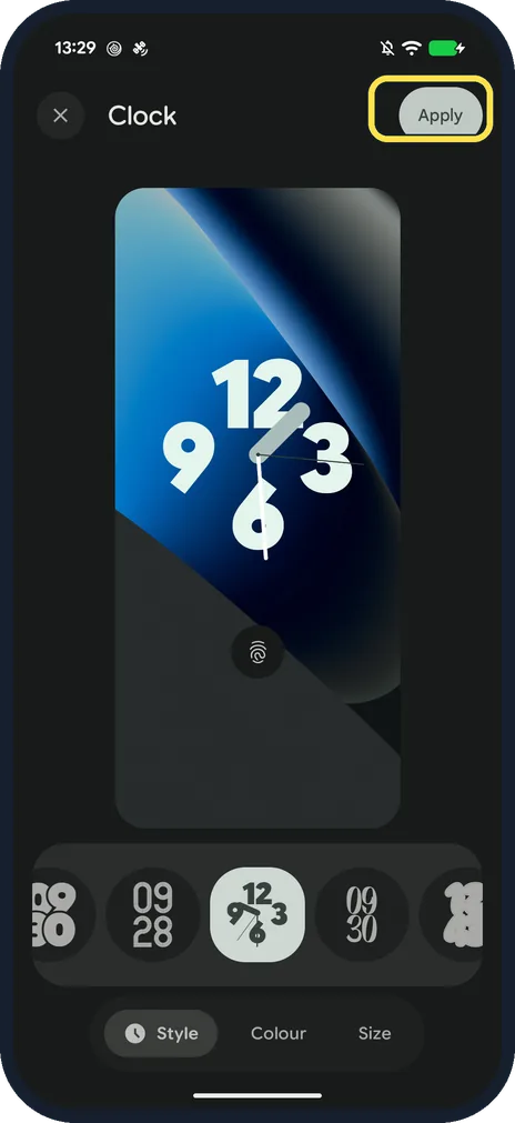 Android screenshot: Tap Apply