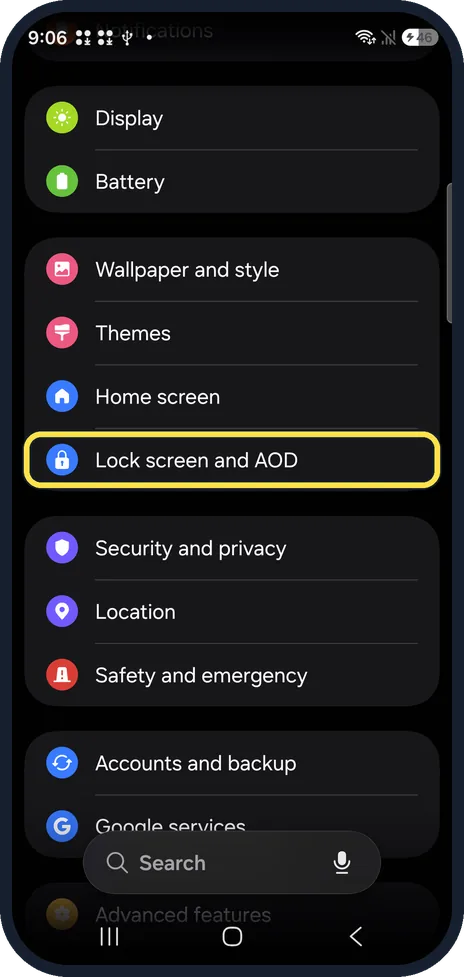 Android screenshot: Open Lock screen and AOD
