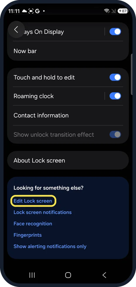 Android screenshot: Tap Edit Lock screen