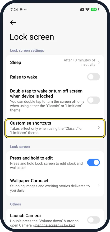Screenshot from the guide: How to change the lock screen shortcuts on a Xiaomi phone (HyperOS 3)