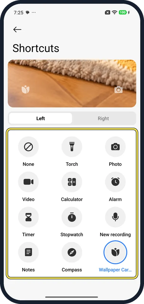 Android screenshot: Choose a shortcut