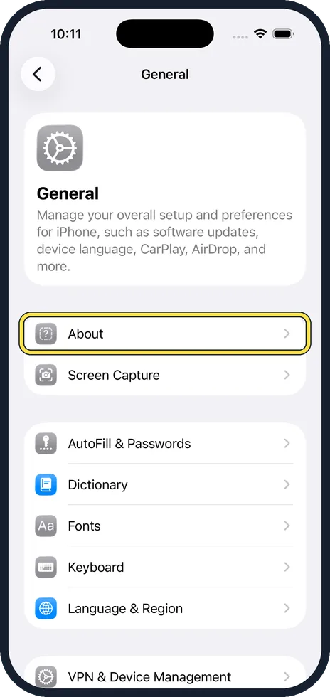 iPhone screen: Tap About