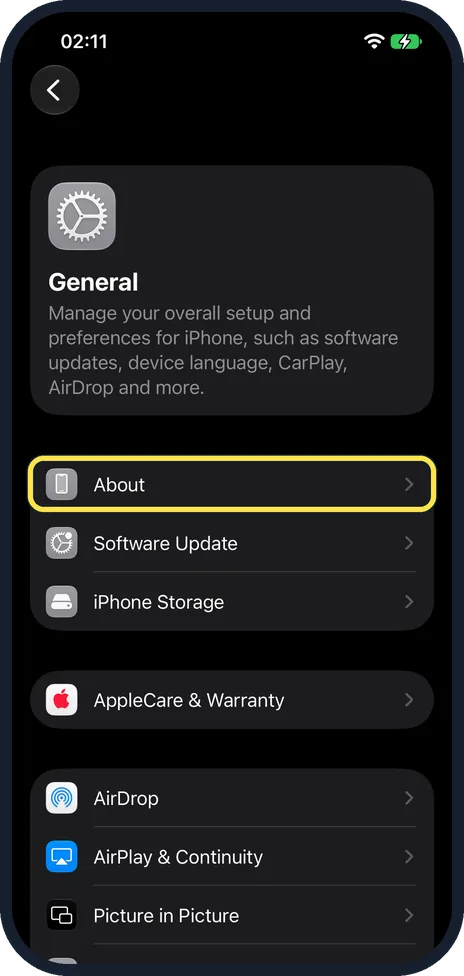iPhone screen: Tap About