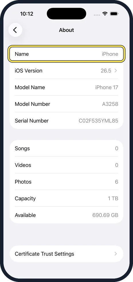 iPhone screen: Tap Name