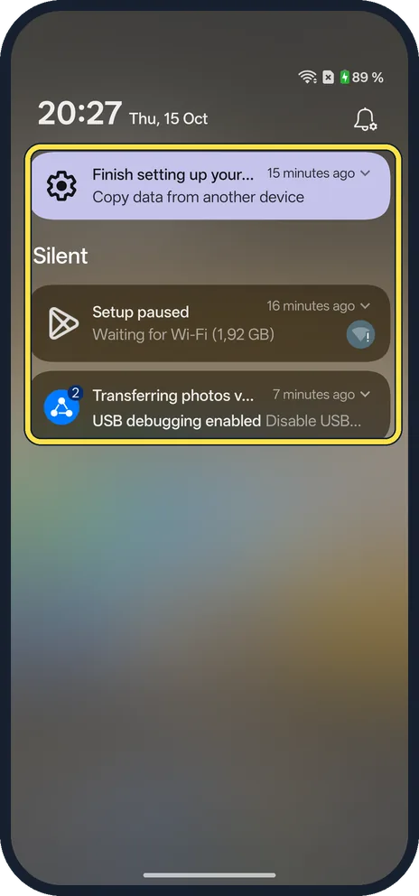 Android screenshot: Swipe down from the top left