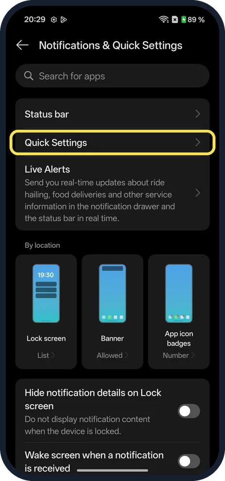 Android screenshot: Open the Quick Settings options