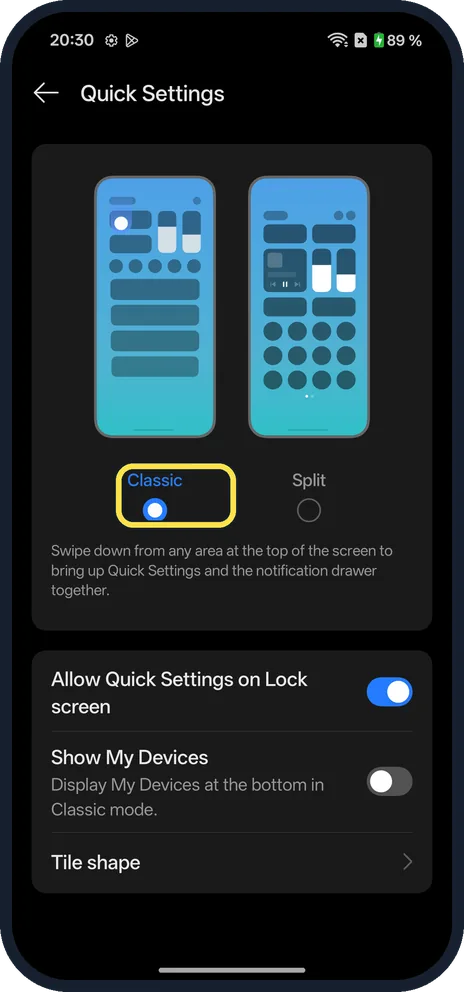 Android screenshot: Choose Classic for one pull-down