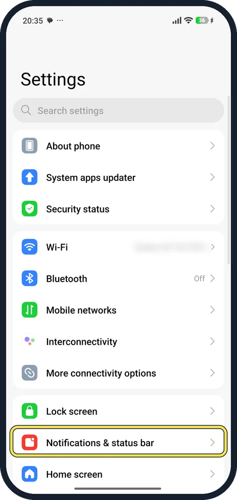 Android screenshot: Open Notifications & status bar