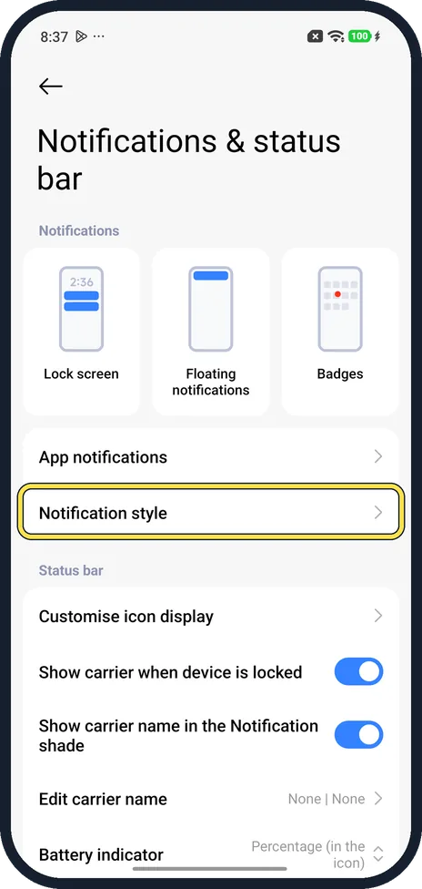 Android screenshot: Tap Notification style