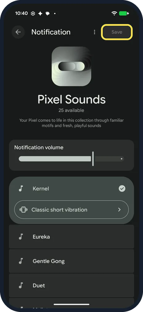 Android screenshot: Pick a sound and tap Save