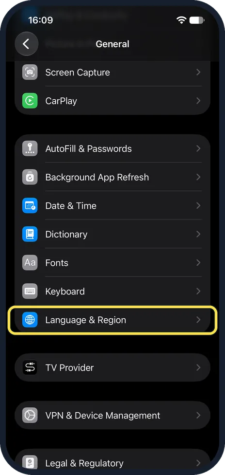 iPhone screen: Tap Language & Region