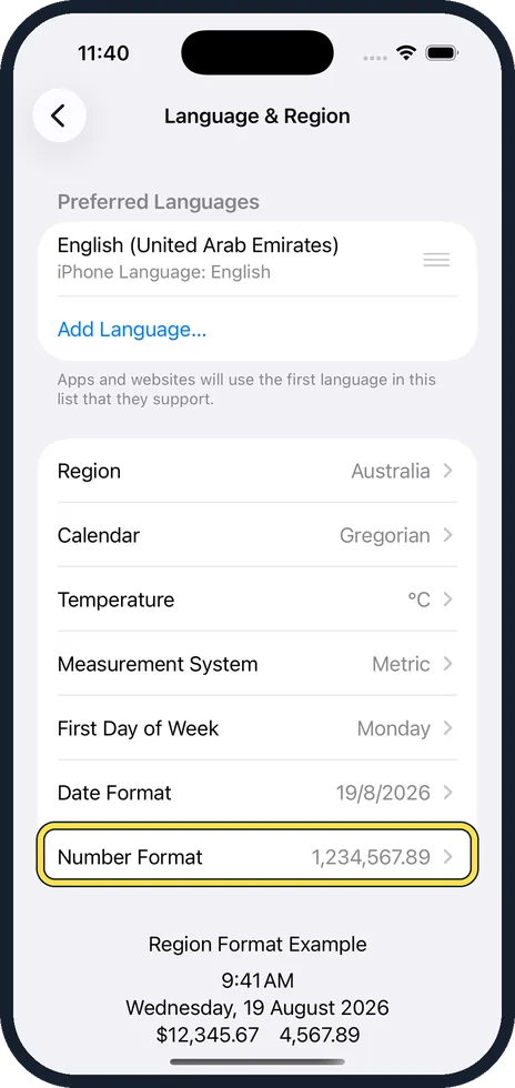 iPhone screen: Tap Number Format