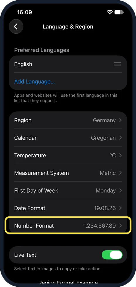 iPhone screen: Tap Number Format