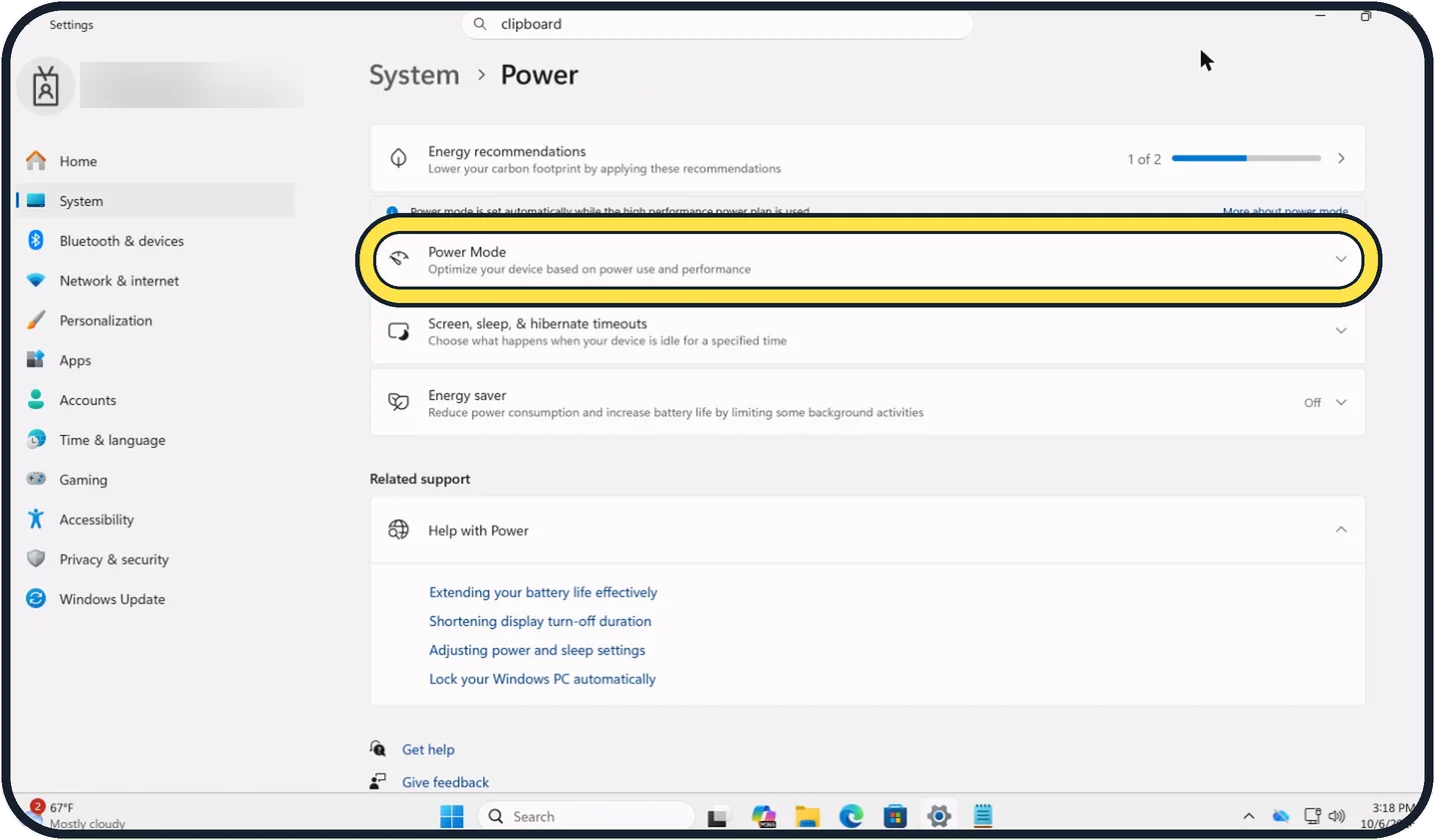 Screenshot from the guide: How to change the power mode on Windows 11