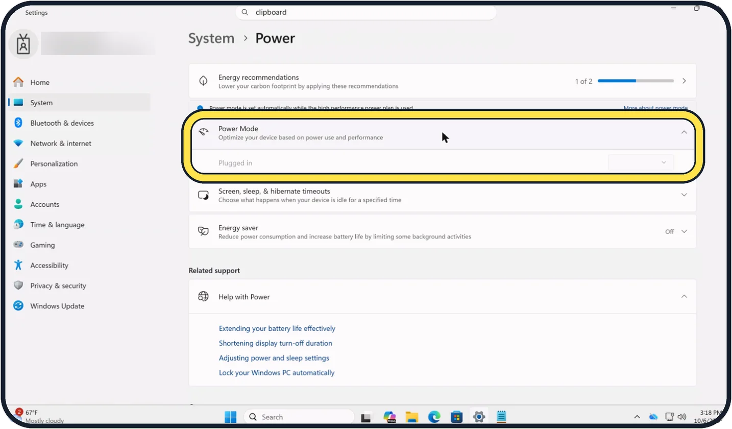 Windows screenshot: Open Power Mode