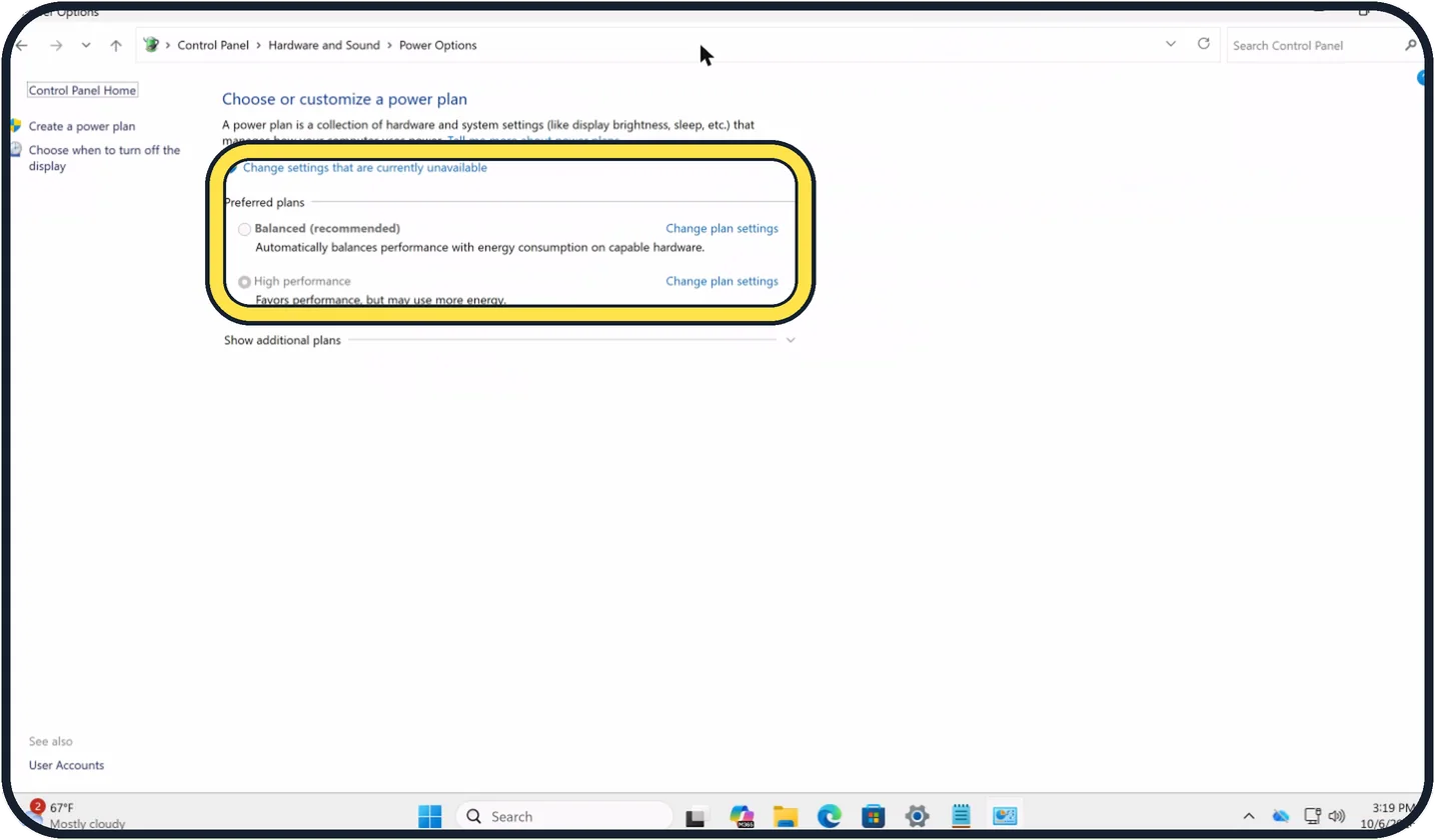 Windows screenshot: Switch the power plan to Balanced