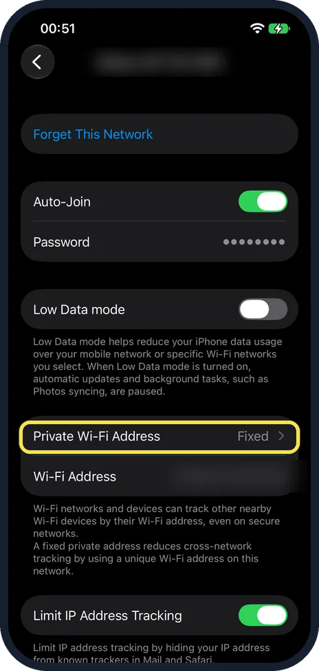 Screenshot from the guide: How to change the private Wi-Fi address on an iPhone (iOS 27)