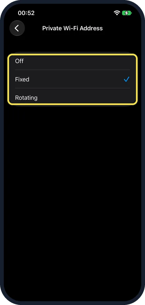 iPhone screen: Choose Off, Fixed or Rotating