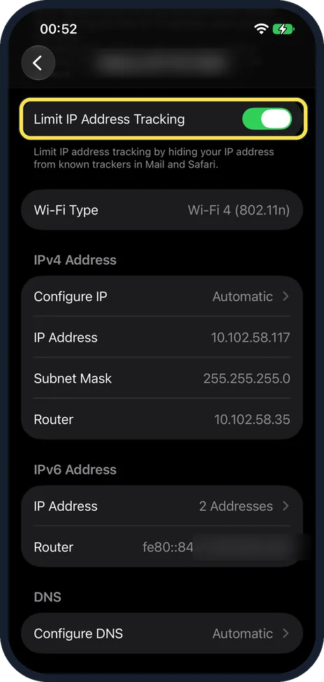 iPhone screen: Check Limit IP Address Tracking