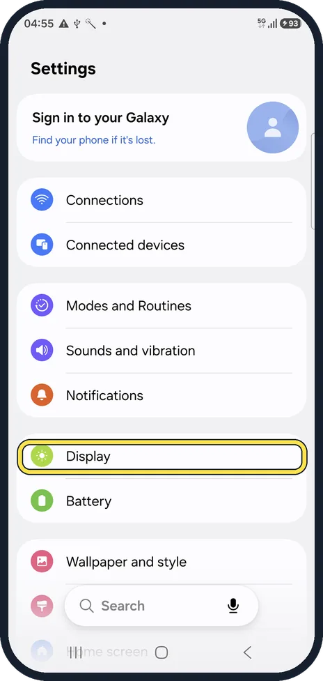 Android screenshot: Open Display