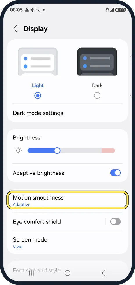 Android screenshot: Tap Motion smoothness