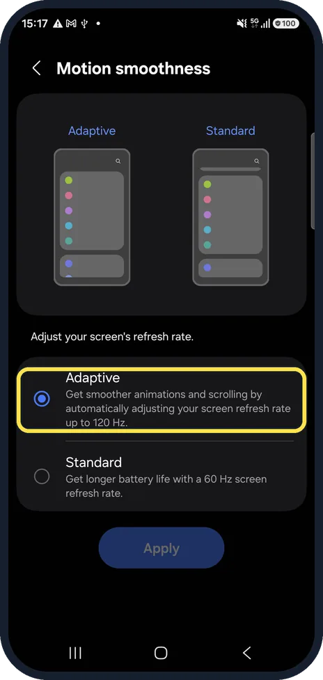 Android screenshot: Choose Adaptive for smoothness