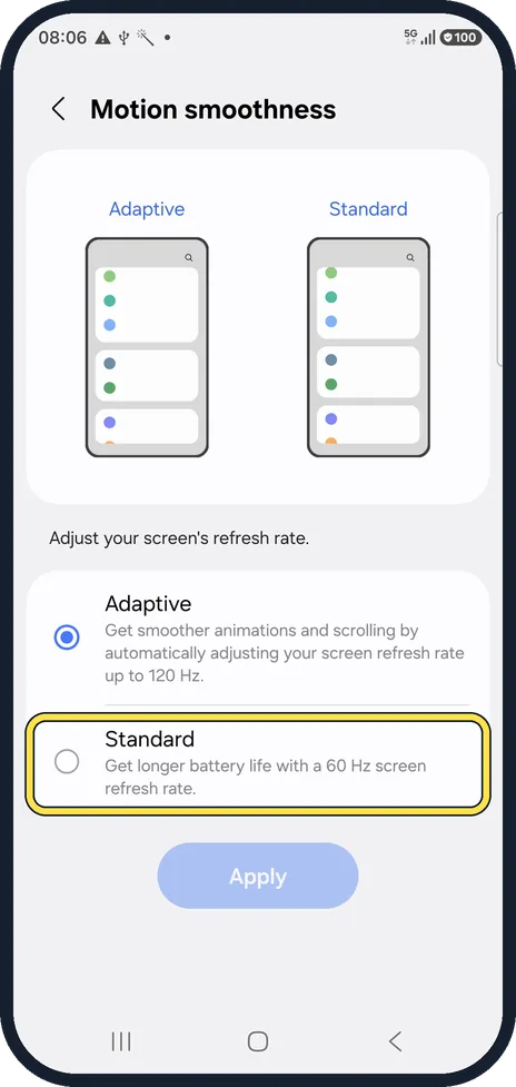 Android screenshot: Or choose Standard for battery