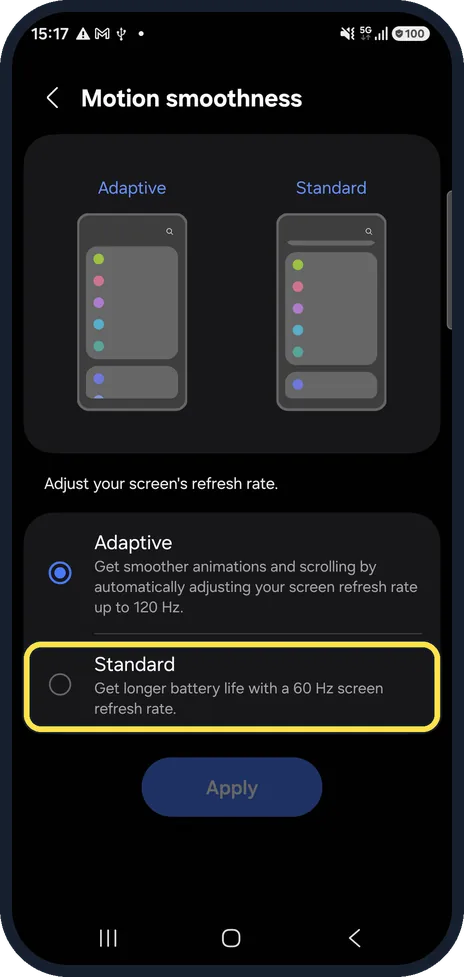 Android screenshot: Or choose Standard for battery